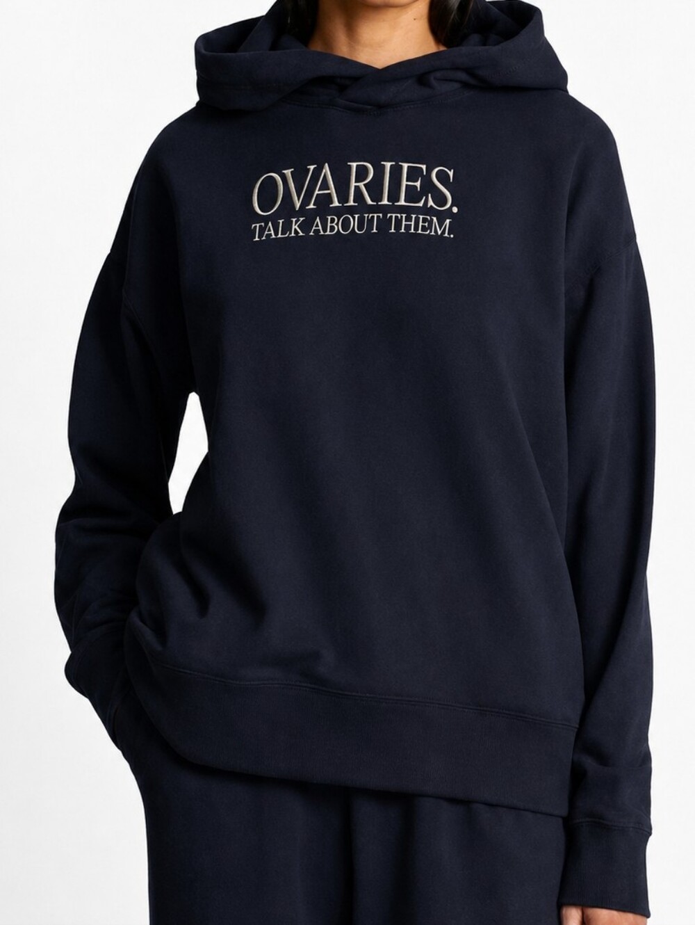 CAMILLA AND MARC | 'Ovaries. Talk About Them.’ Ovarian Cancer Hoodie Navy Small